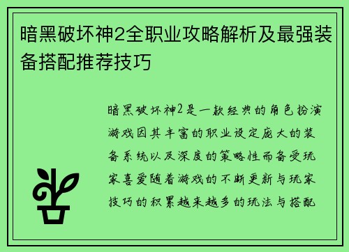 暗黑破坏神2全职业攻略解析及最强装备搭配推荐技巧